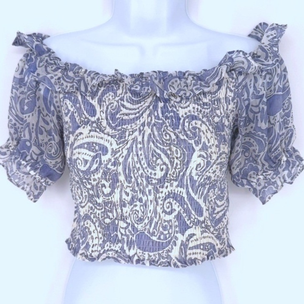 Express Womens XS Blue Paisley Smocked Off Shoulder Ruffle Crop Top Puff Sleeve